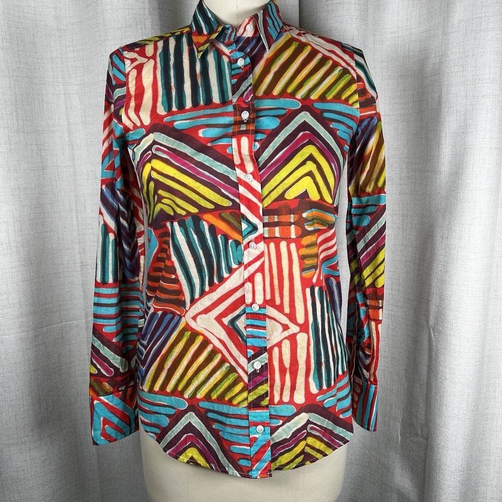 New! J. Crew Women's 0 Boy Blouse‎ Shirt Geo Brush Stroke Rainbow  Button Up Top